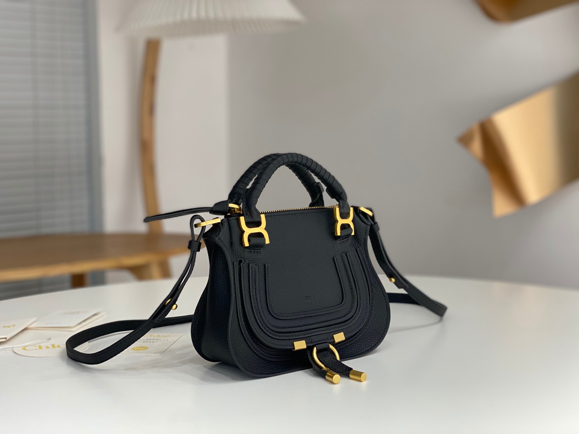 Chloe Mini Marcie Bag In Black Grained Leather